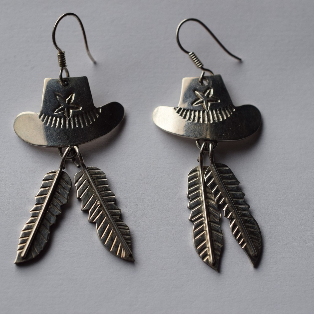 Vint. SS Taxco Mexico Cowboy Hat Feathers Earrings